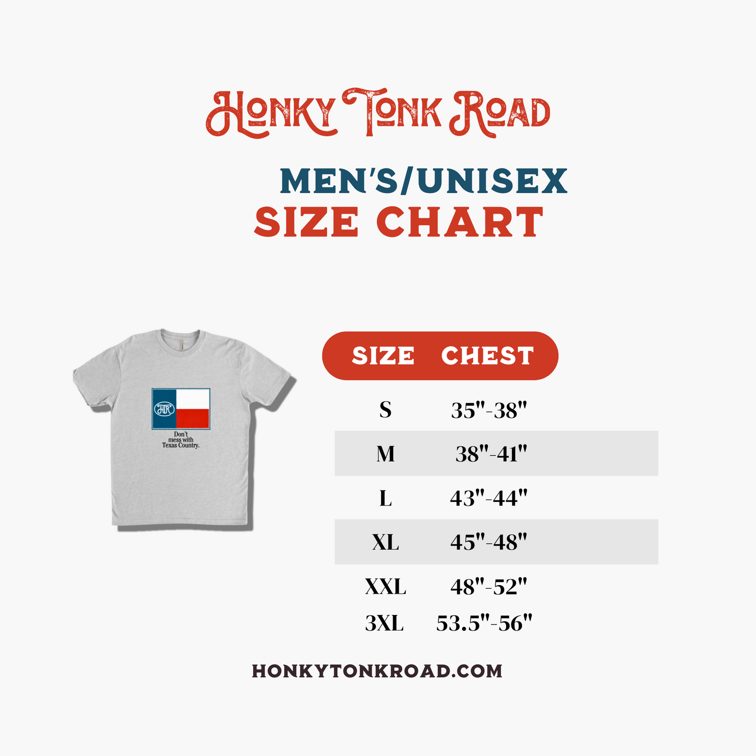 Honky Tonk Road's Men's Sizing Chart