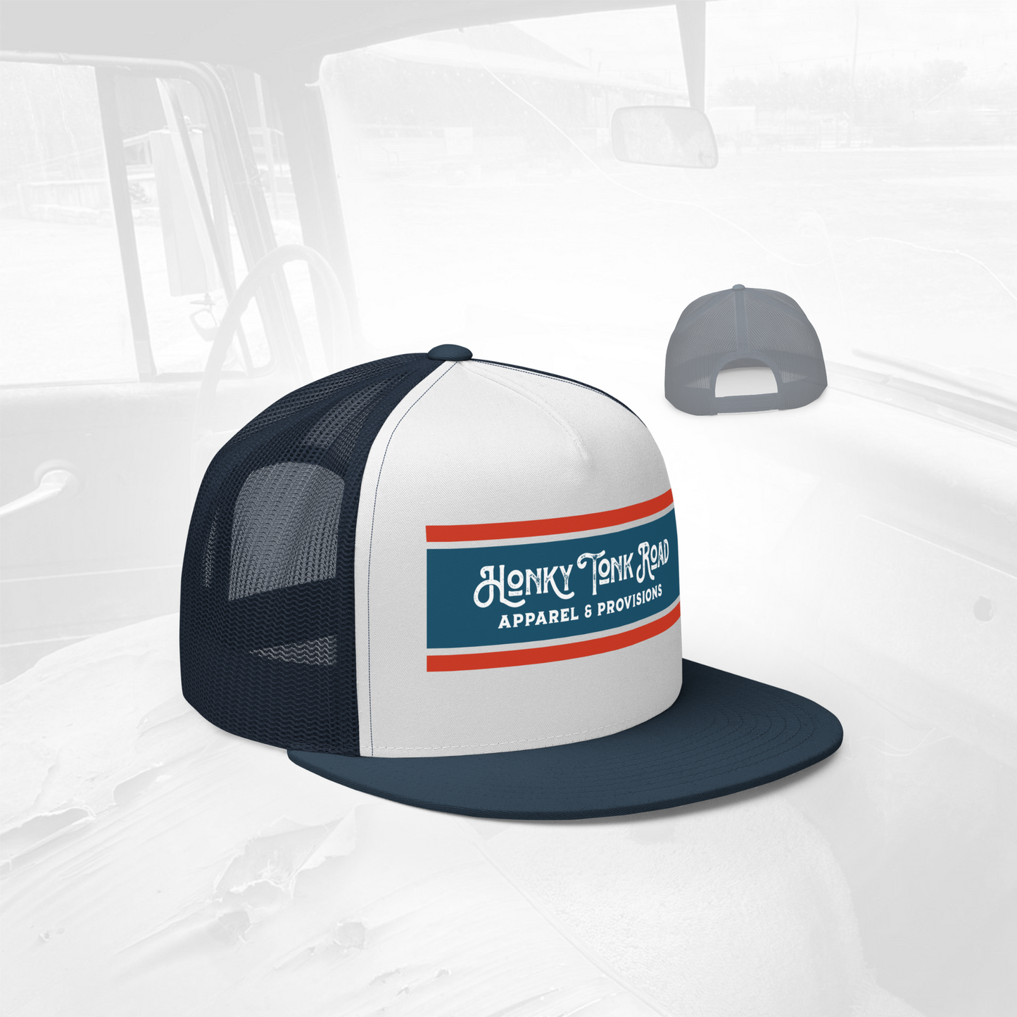 Navy Blue and White Flat bill trucker hat